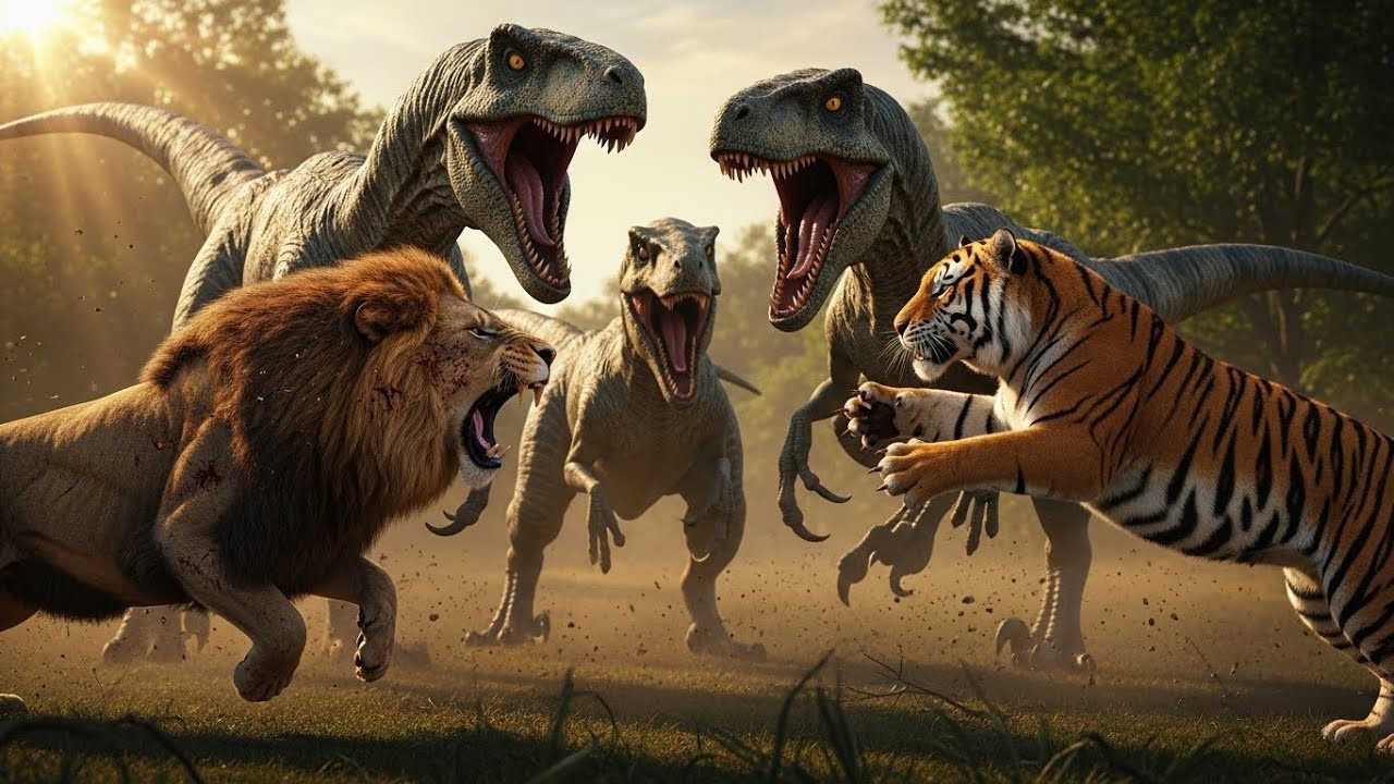 Lion & Tiger vs Velociraptor Pack – Surrounded by Prehistoric Killers