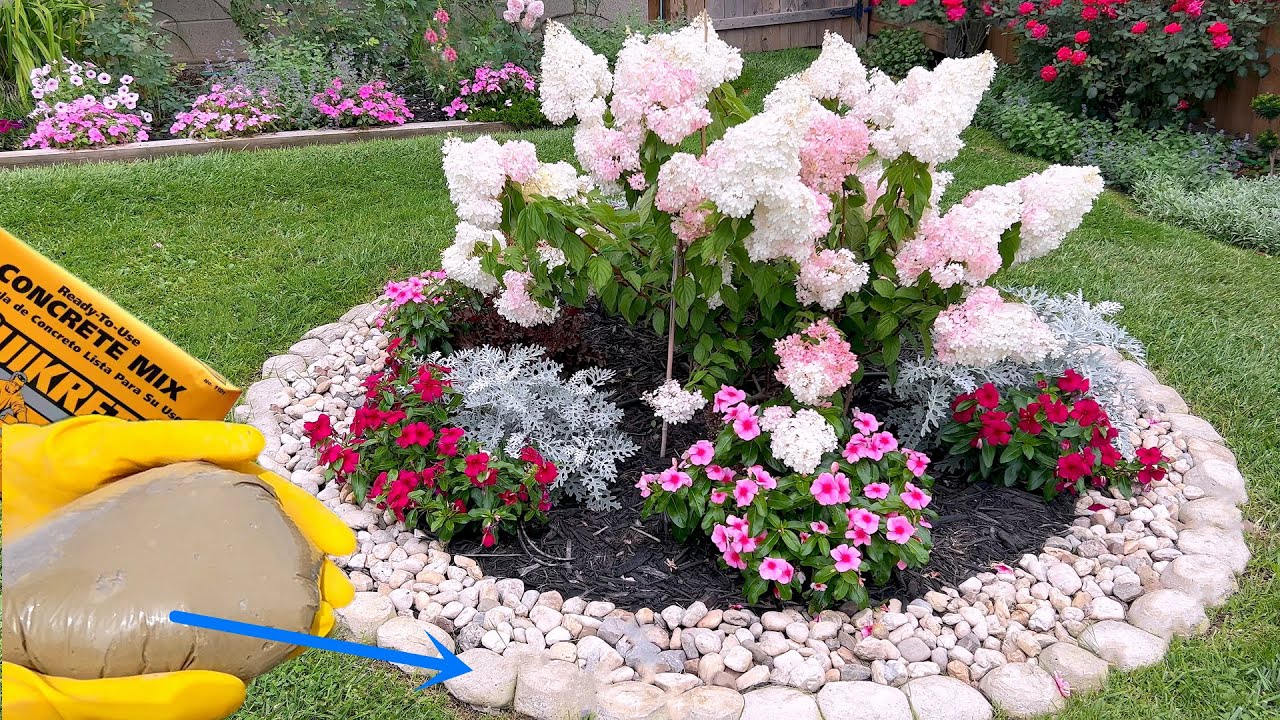 水泥做的石头花床，花园景观DIY。Gardening DIY, Concrete stone landscape DIY