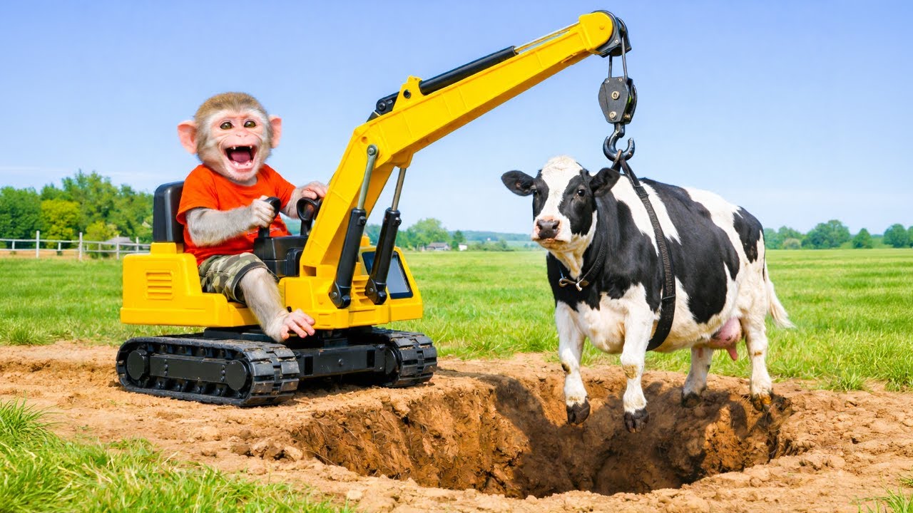 Monkey Farmer to the Rescue: Cow Saved from Farm Pit! - Monkey Farm Work | KaKa Monkey Life