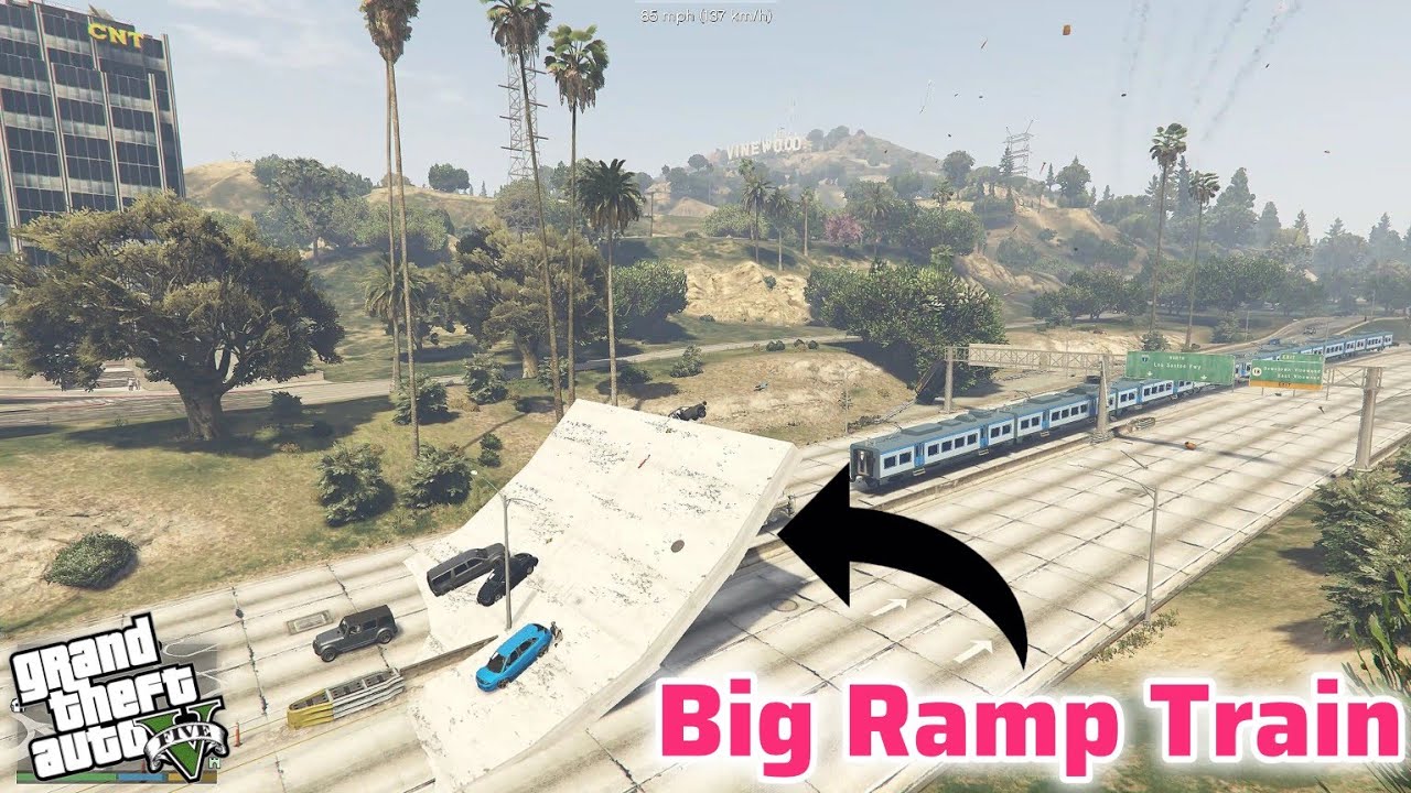 Big Ramp Train runs through Highway & Military Base - Grand Theft Auto V