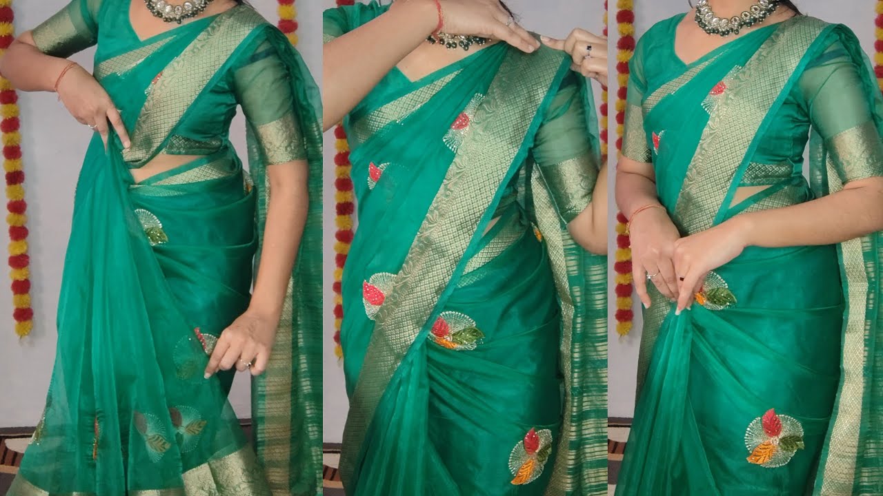 How to make perfect hip & shoulder pleats in pure organza saree draping tutorial for beginners 