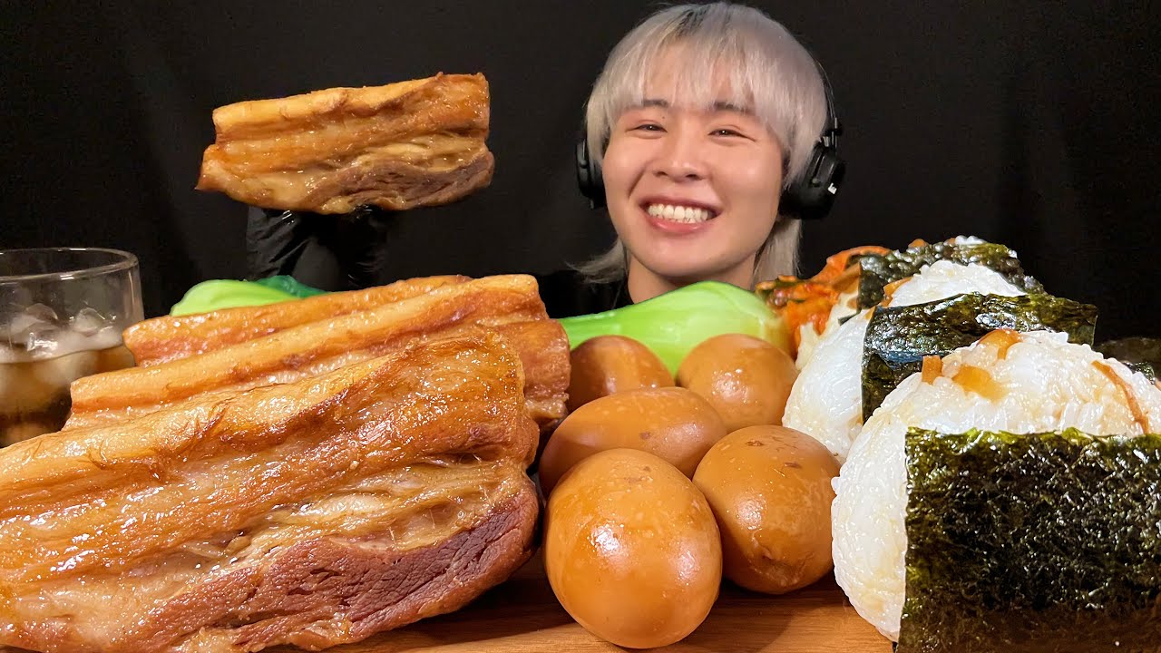 ASMR 一本豚の角煮&おにぎり大食い‼️〜頑固が可愛いのは、子供まで〜【咀嚼音】
