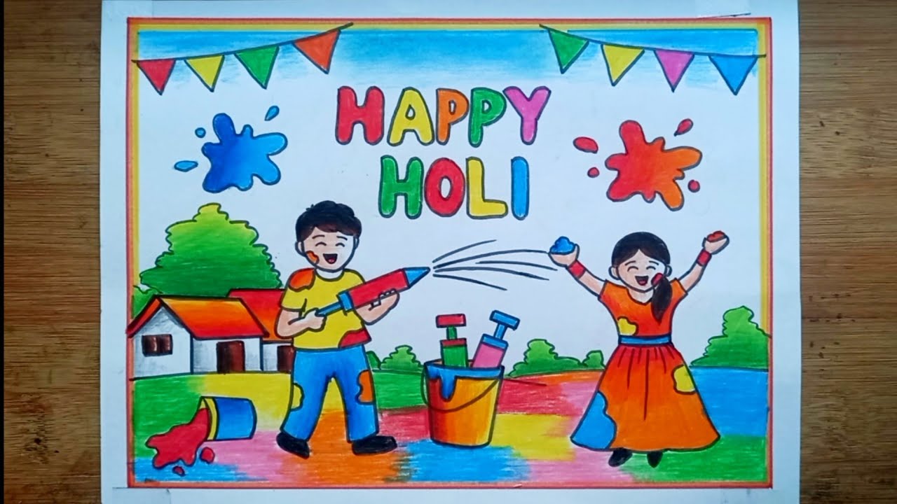 Holi Scenery Drawing Step-by-step/Holi Festival Drawing For Beginners/Happy Holi Drawing Easy