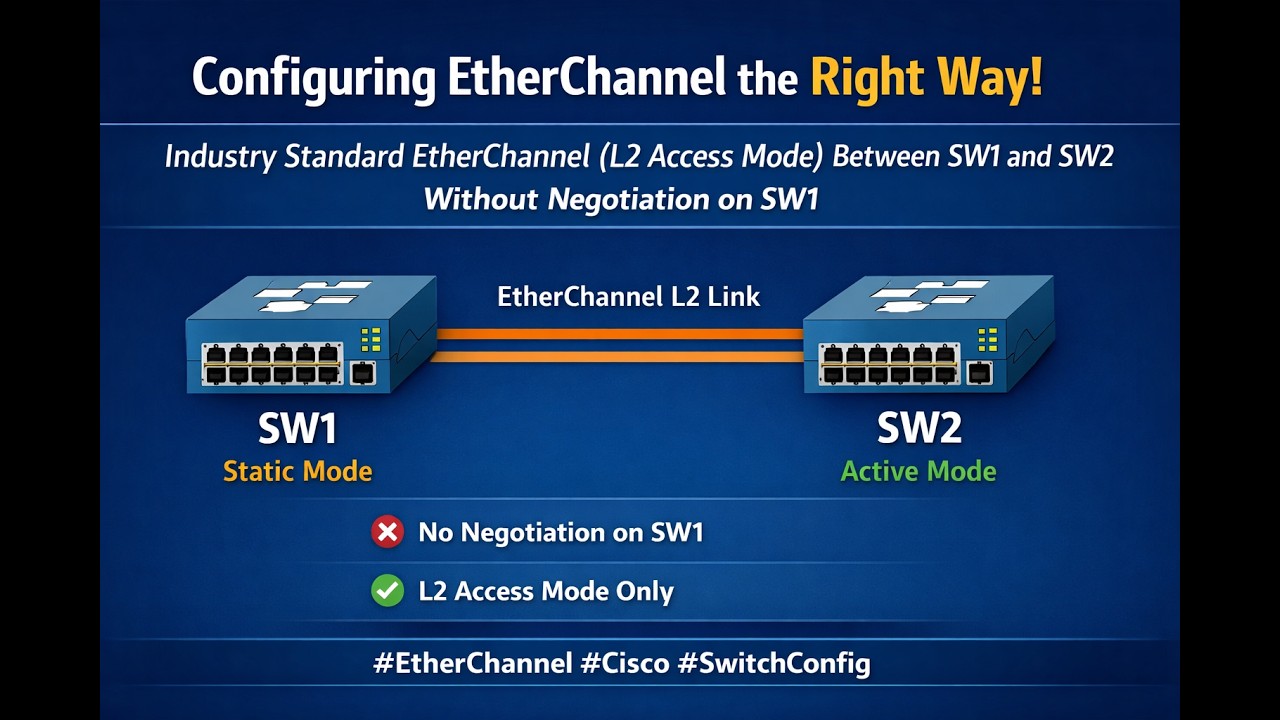 Configure Industry-Standard EtherChannel (L2 Access Mode) – No Negotiation from SW1!