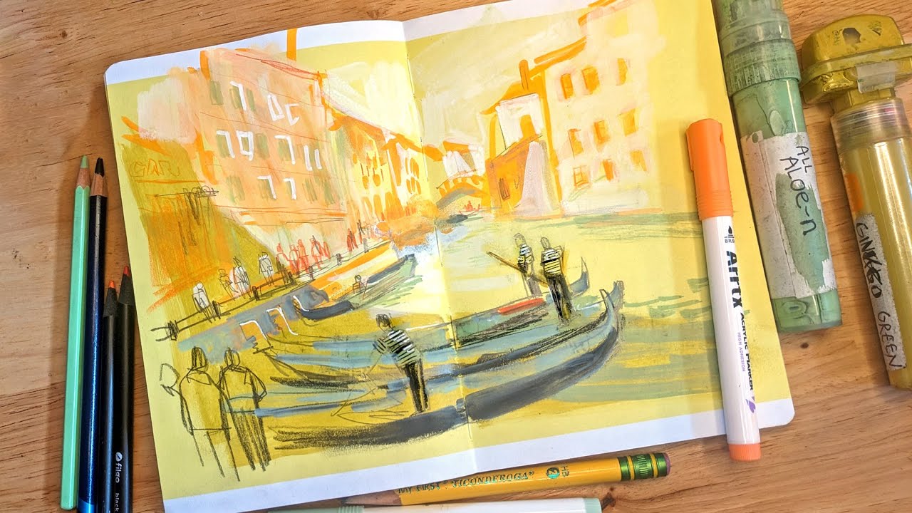 Eleanor Doughty sketches Venetian gondoliers on colored paper