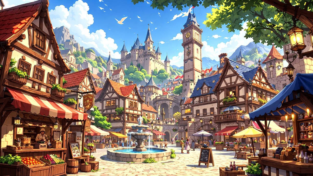 Peaceful Medieval City Market Ambience Relaxing Fantasy Music for Study & Relax 1 Hour
