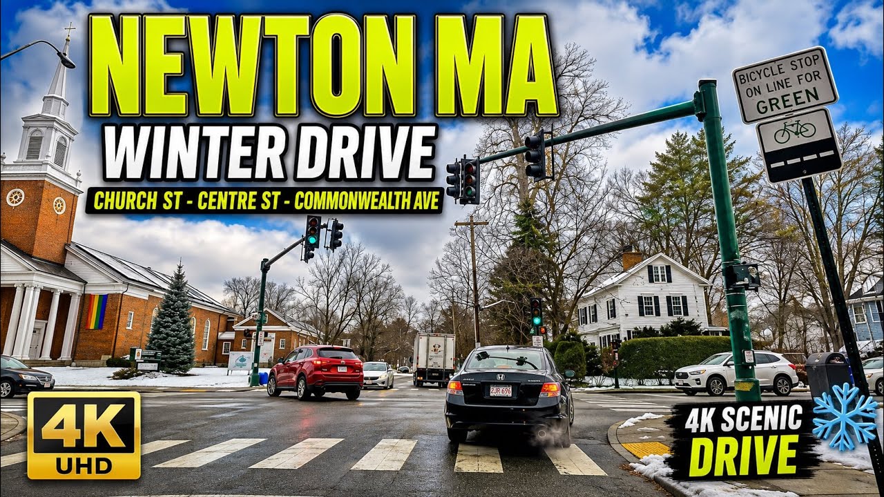 ❄️ Church Street - Center Street - Commonwealth Ave - | Newton MA | 4K Scenic Winter Drive- 1/25/23