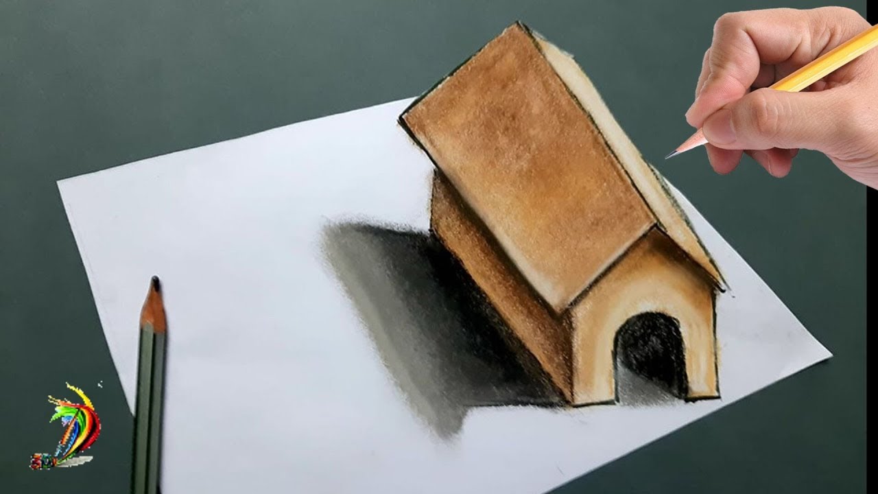 Trick Art Drawing 3D Tiny Dog House on Paper - 3D drawing tutorial step by step