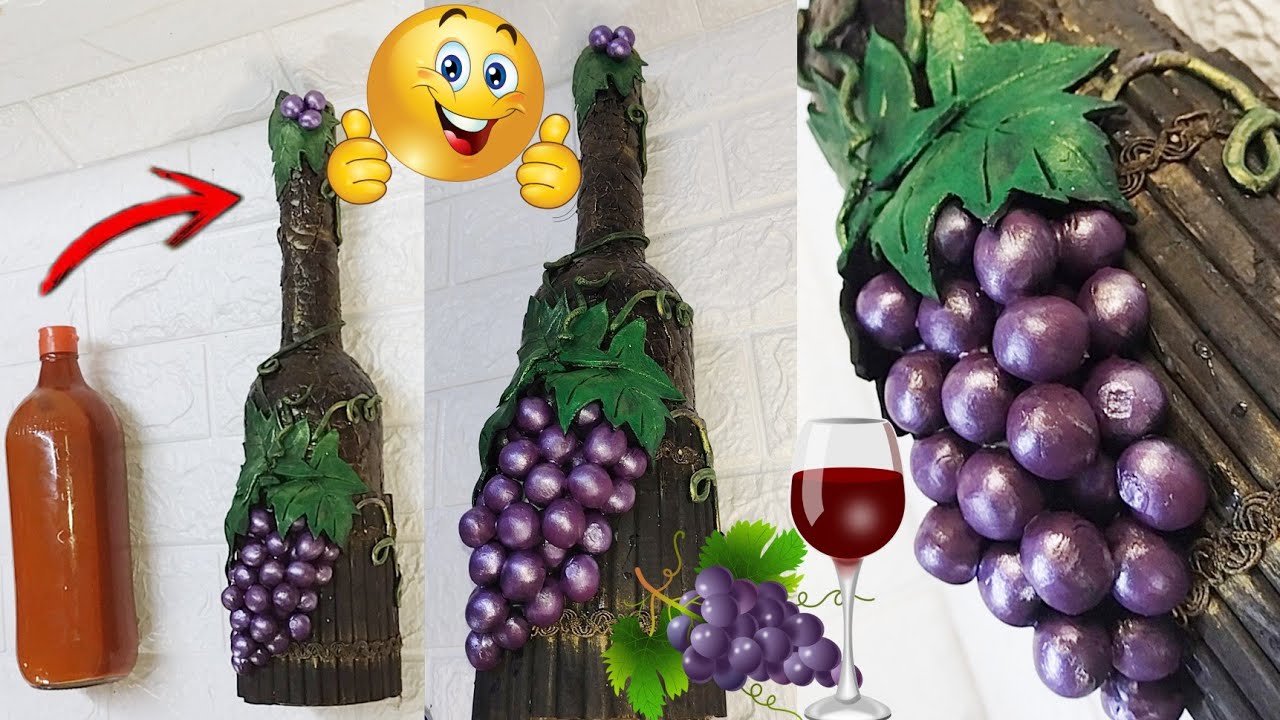 Botella de vidrio decorada en porcelana fría con uvas para año nuevo con estilo Susy & Diy Crafts