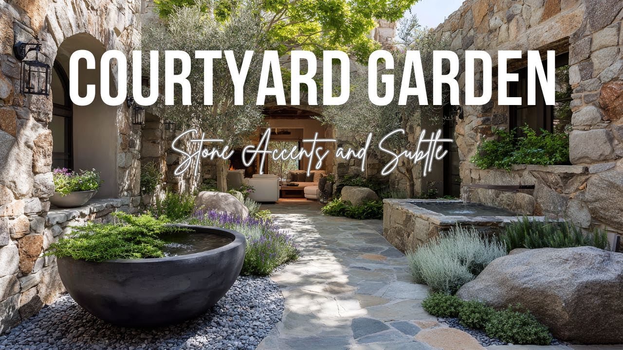Mediterranean Courtyard Garden with Stone Accents and Subtle Cool Tone Beauty