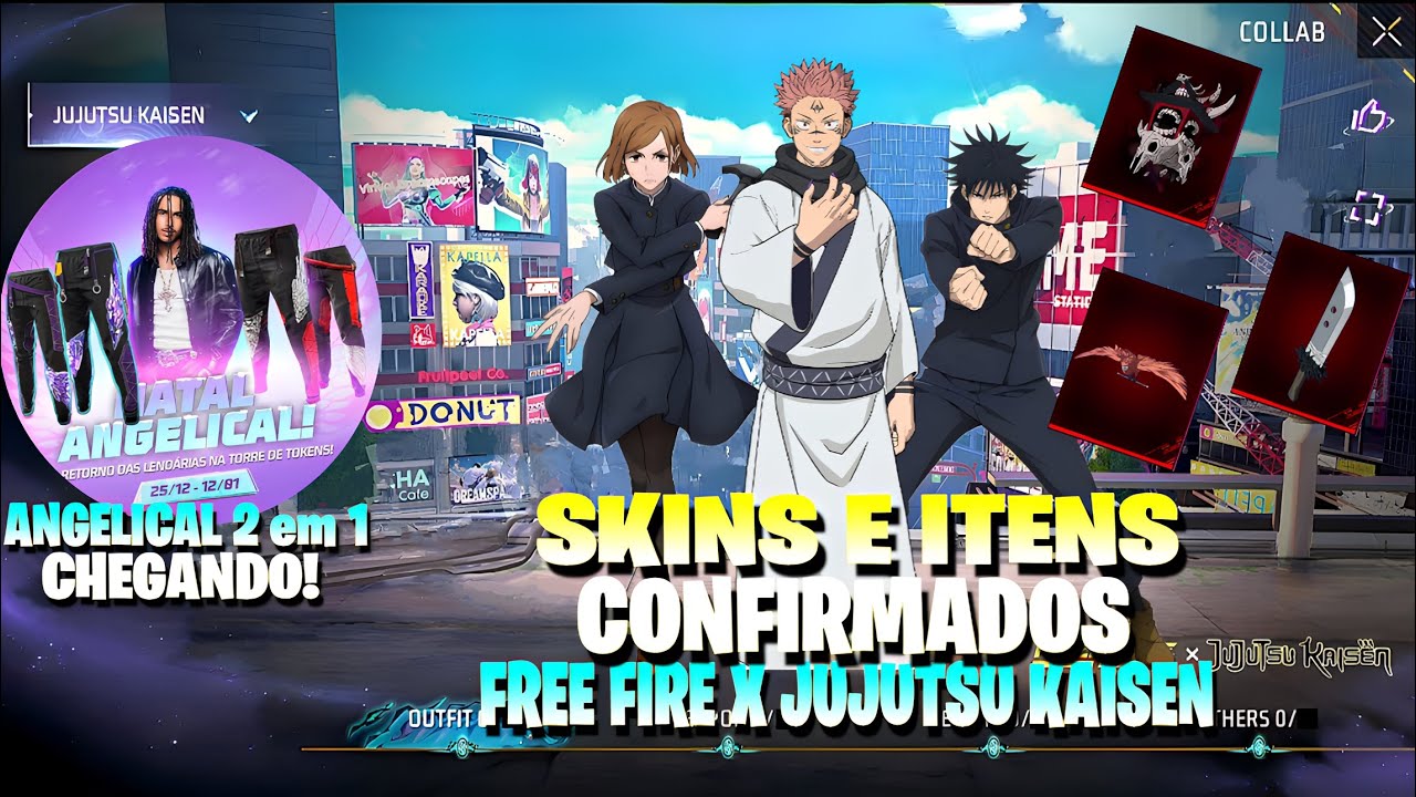 TODOS OS CONJUNTOS E SKINS DA NOVA PARCERIA FREE FIRE X JUJUTSU KAISEN! ANGELICAL 2 EM 1 E MAIS!OB52