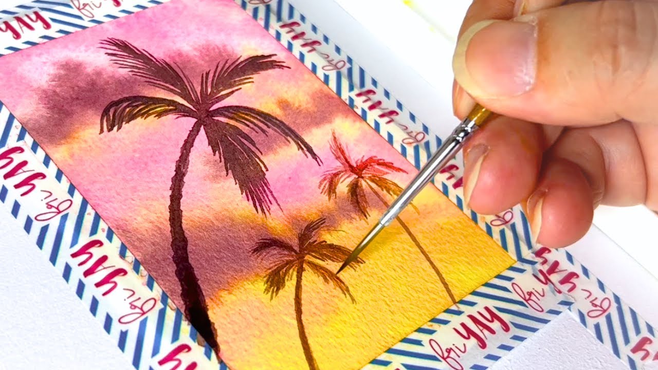 Painting a Sunset with Palm Trees in Watercolor - No Talking, Just Art