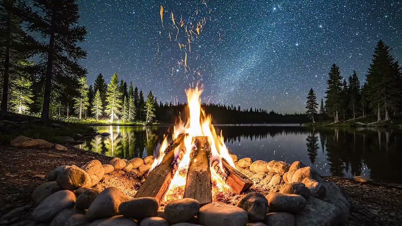 Campfire Beside a Calm Lake at Night 🔥🌌 4K Peaceful Ambience (3 Hours)