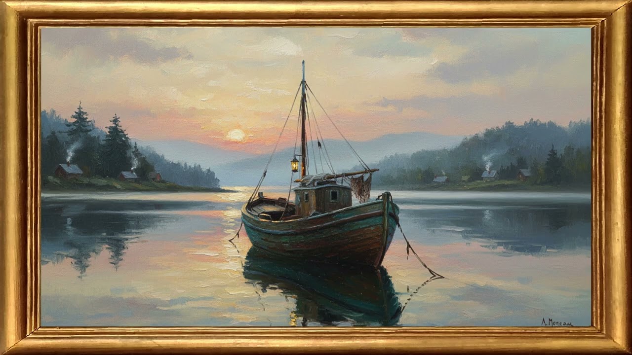 Calm Fishing Boat | Framed Oil Painting Maritime Art 4K (1 Hour Relaxing Background)