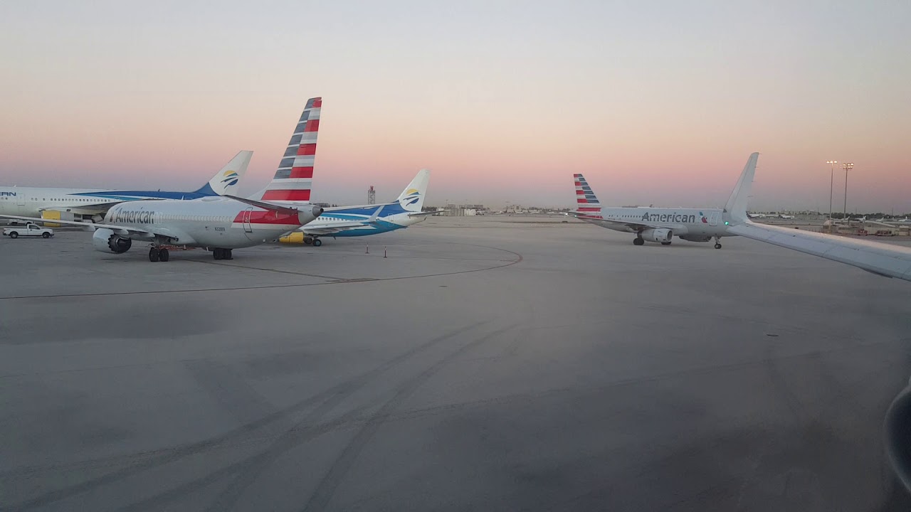 American Airlines Airbus A321 pushback, taxi and Takeoff from Miami International {KMIA/MIA}