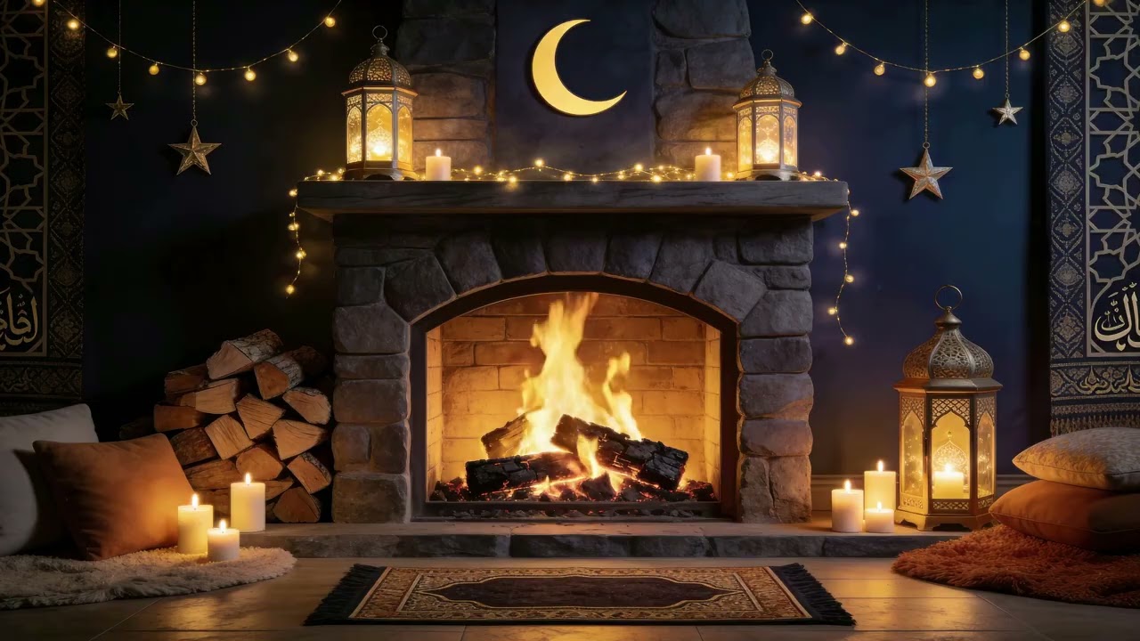 10H Ramadan Fireplace 4K 🌙 رمضان كريم | Cozy Lanterns & Crackling Fire Sounds (No Music)