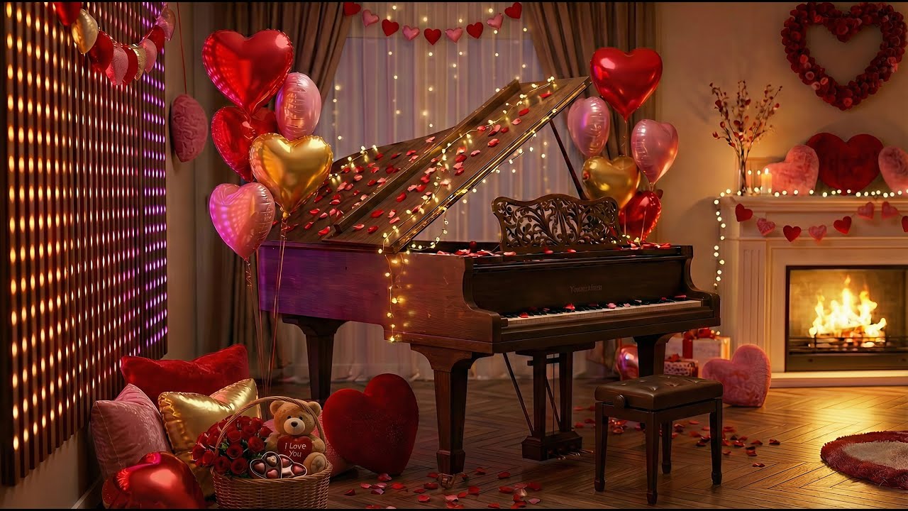1 Hour Valentine’s Day Piano & Cozy Fireplace Ambience 💖 Slow Romantic Music