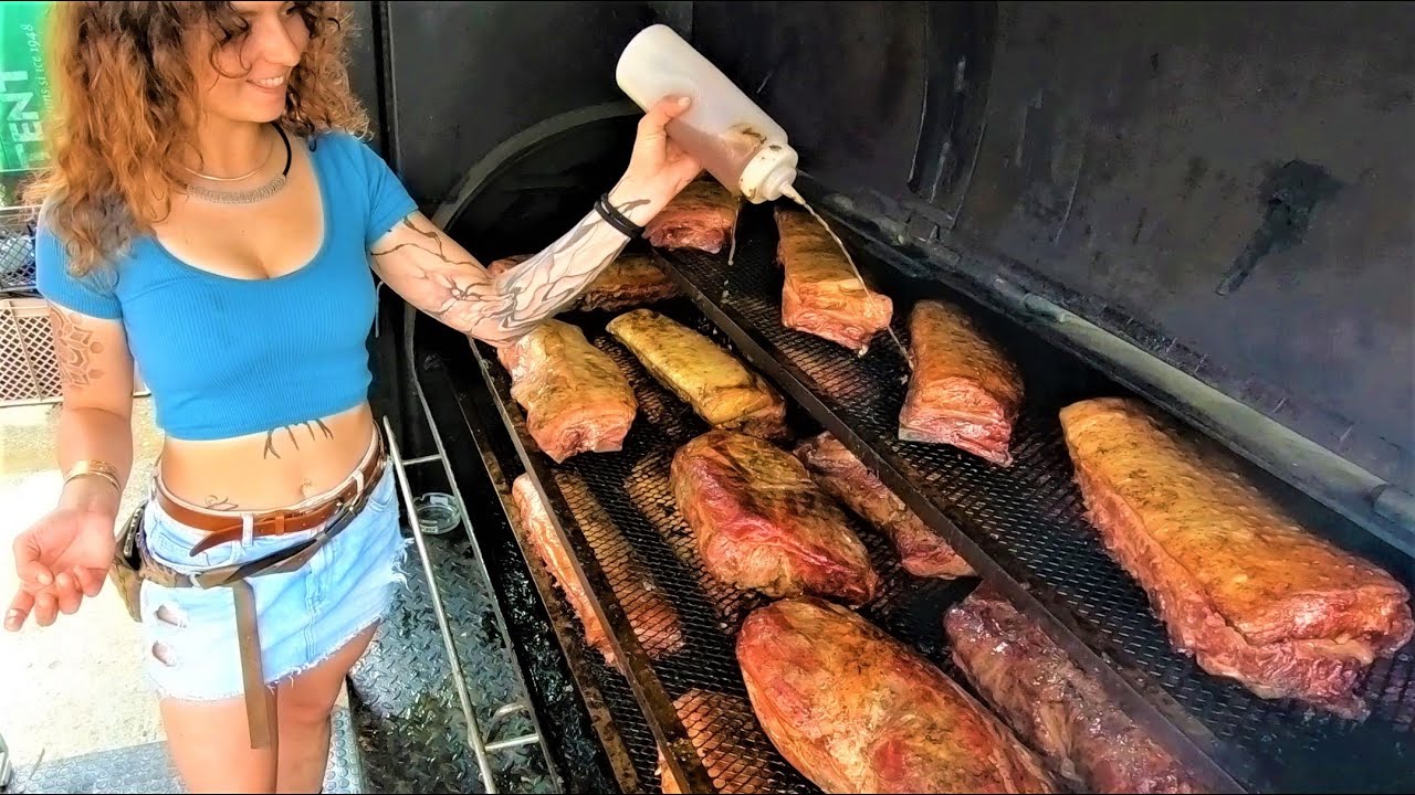 Italy Street Food. Smoked Beef Short Ribs, Smoked Pork Loin and Ribs. Biker Fest, Lignano