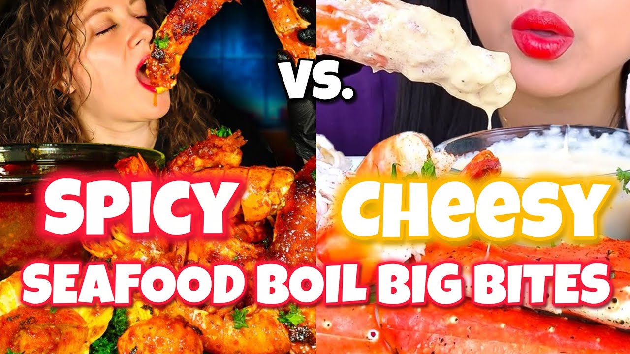 SPICY VS. CHEESY 🦐🦞🦀🔥🧀🥵😋 mukbangers BIG BITES of SEAFOOD BOIL with SPICY & Alfredo Sauce