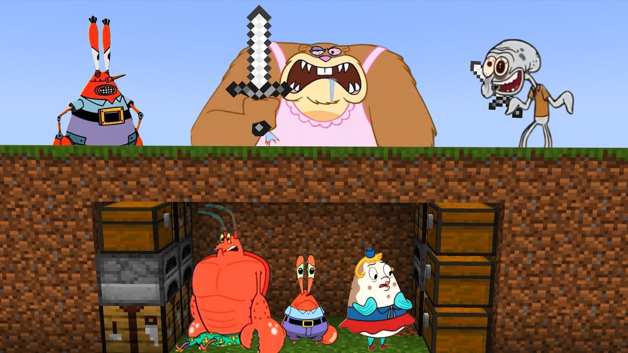 3 Minecraft Speedrunners vs 3 Hunters: Sheriff Sandy, Robots Krabs & Insane Squidward