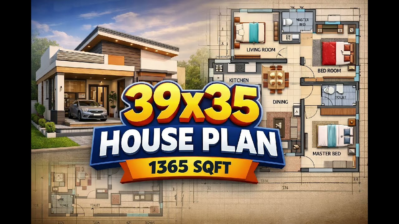 39x35 Home Design | 2D Floor Plan #39x35HousePlan#1365SqftHouse#HousePlan#2BHKHousePlan @civilshiv4u
