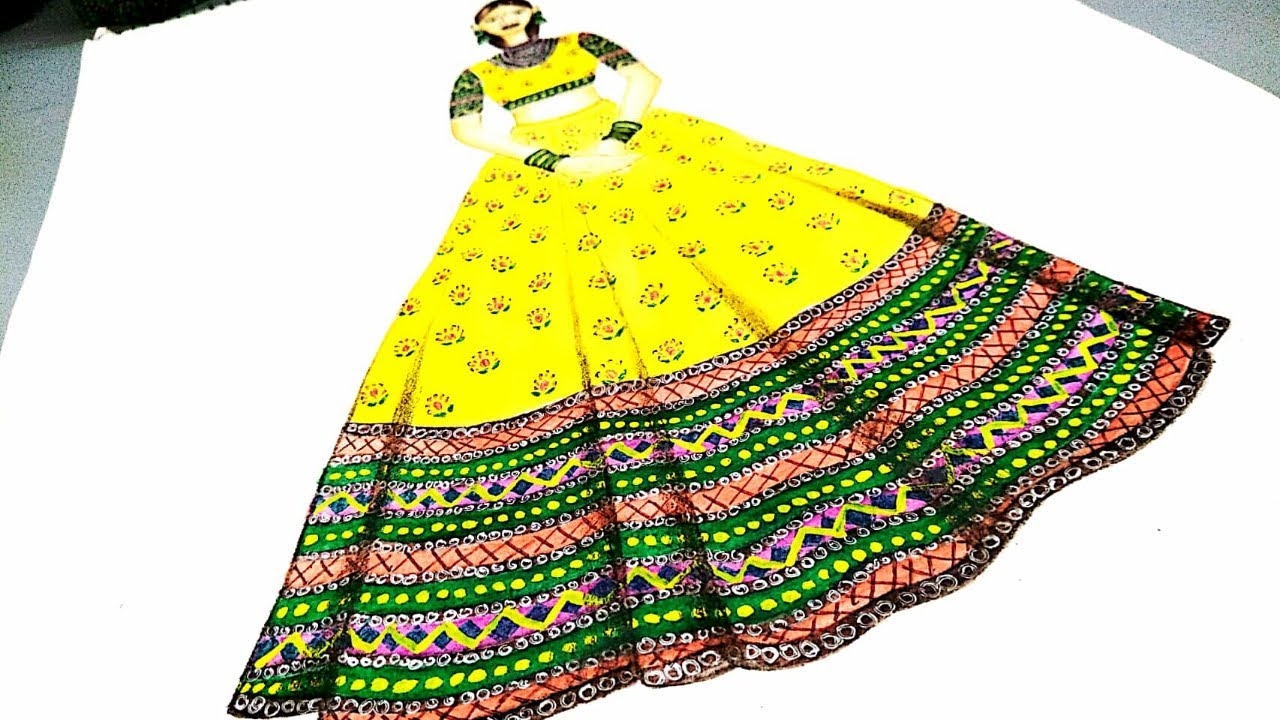 How To Draw Lehenga With Heavy Border