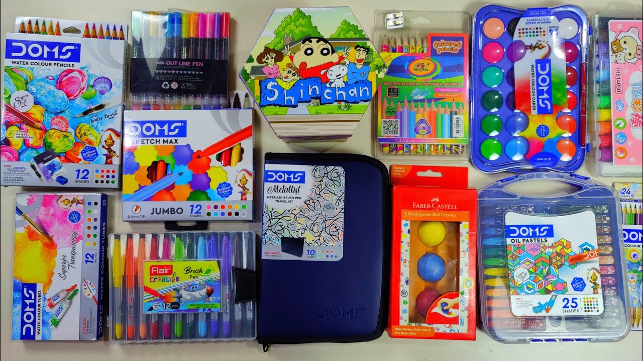 unboxing collection of colours, doms travel kit, brush pen, rolling crayon colour, doraemon colour