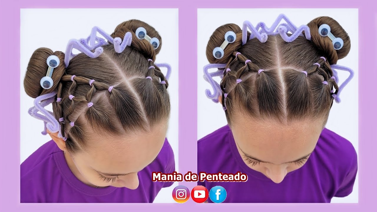 Penteado com Aranhas e Dois Coques para Cabelo Maluco 🕷| Two Buns Spiders 🕷| Halloween Hairstyle 🕷🥰