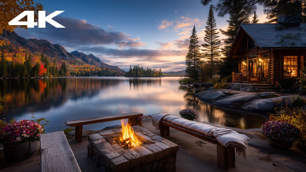 Tranquil 4K Ambience by the Lake | Cozy Outdoor Bonfire with Nature Sounds & Piano Music