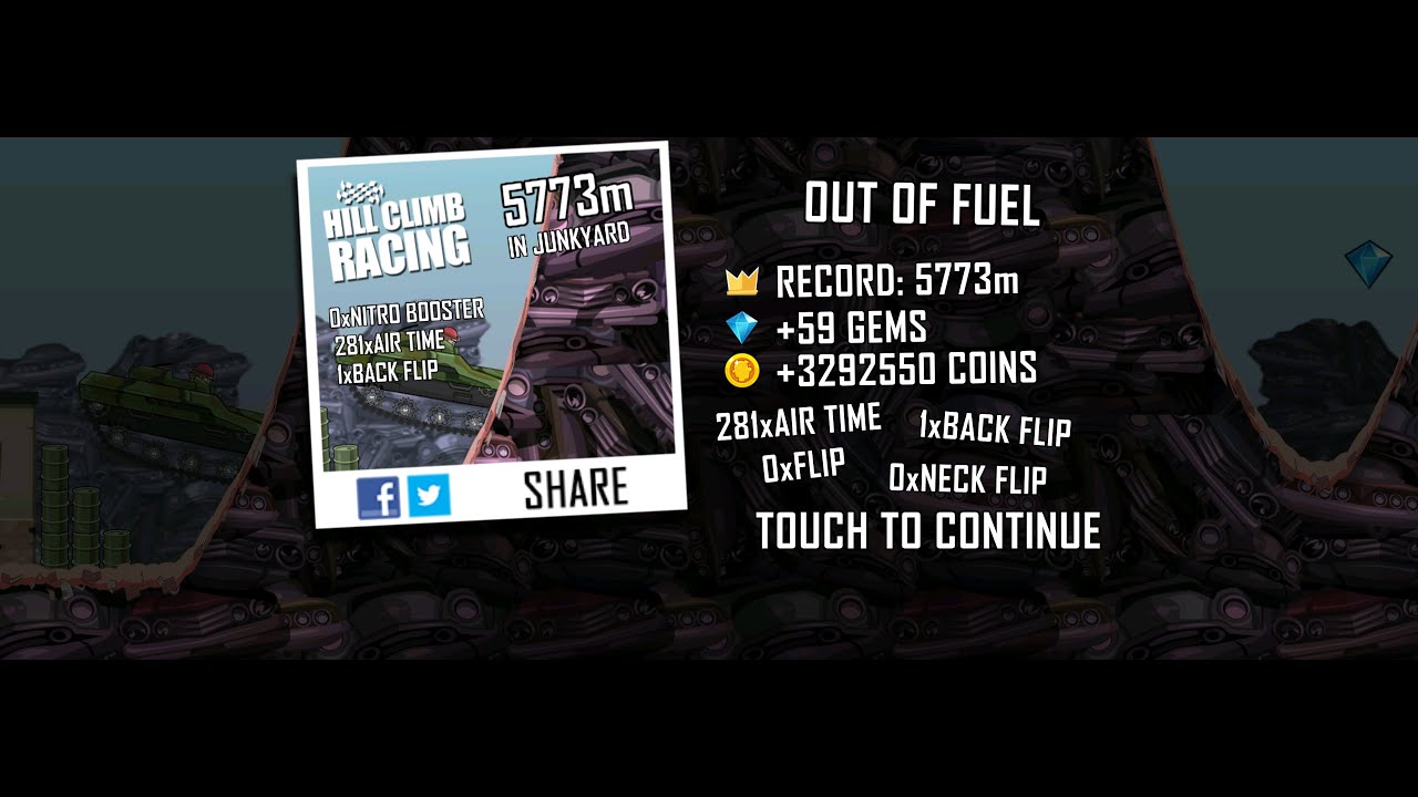 Hill Climb Racing: 5773m in Junkyard on Tank (no boosters, no pets)