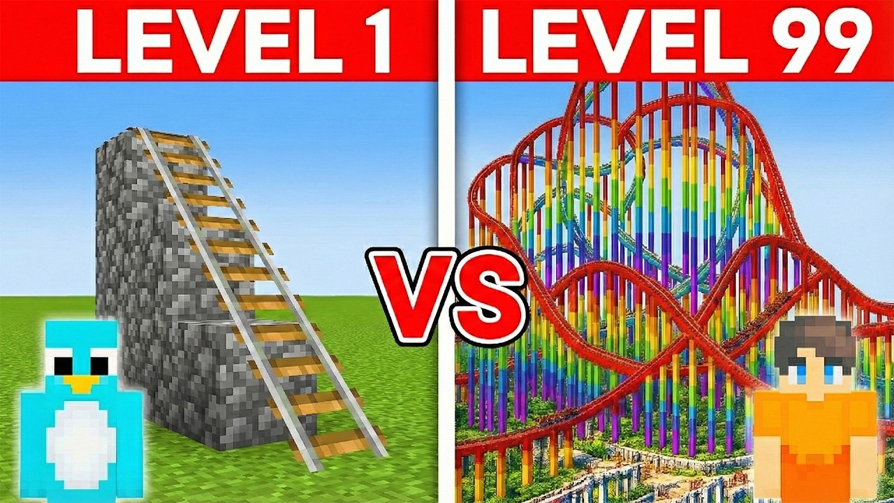 Американские горки с 1 по 100 уровень в Minecraft!