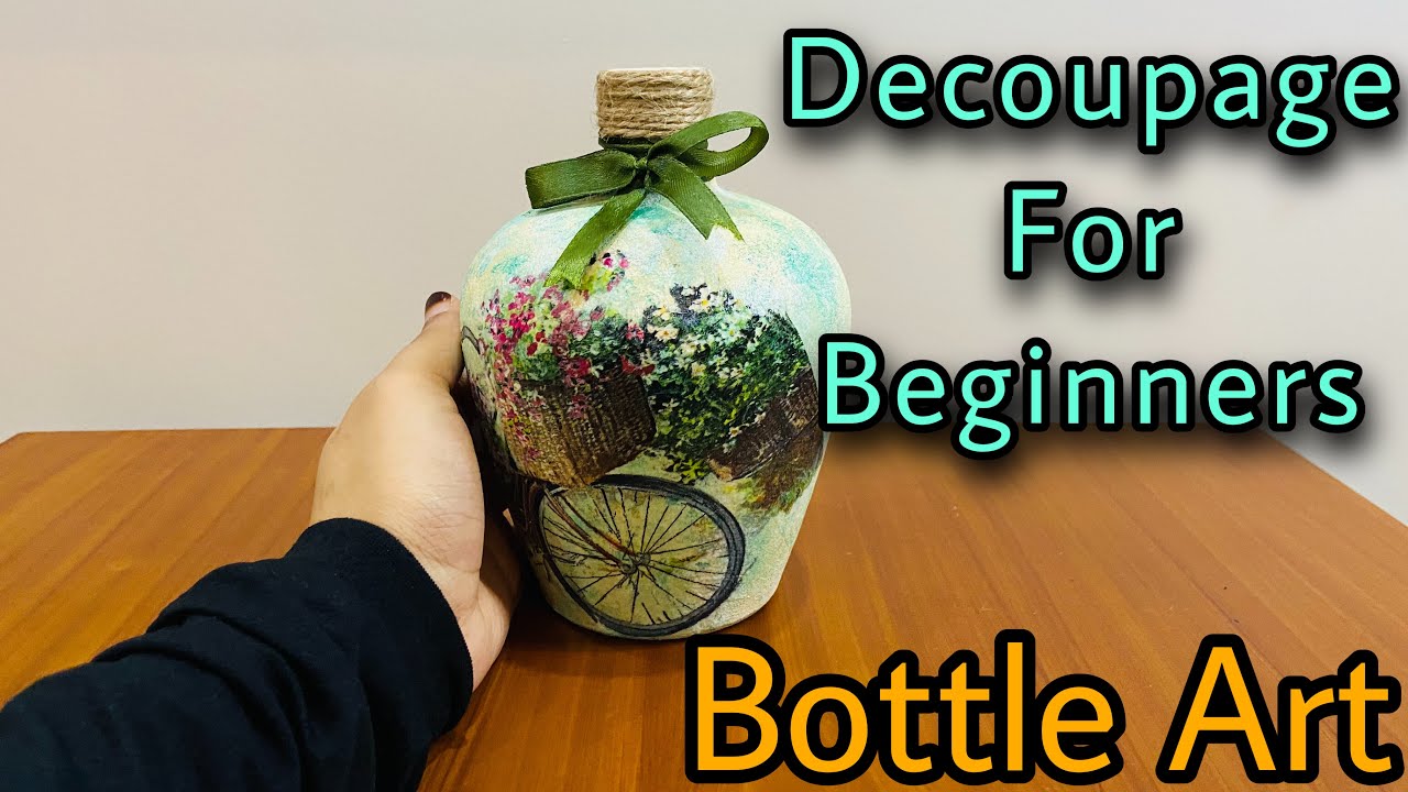 Decoupage for beginners ||Decoupage bottle art tutorial Malayalam ||Decoupage with acrylic colours