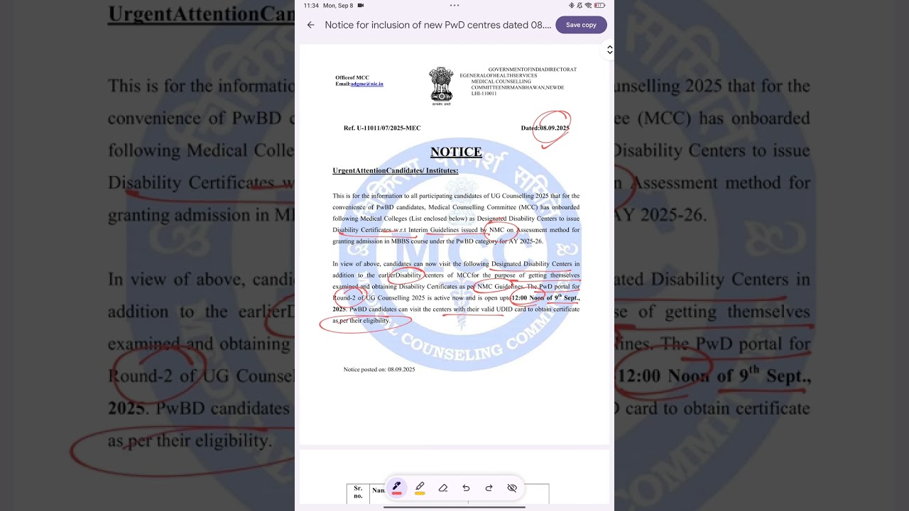 Urgent Notice: MCC New Notice regarding the additional designated disability centre for PwBD Quota 