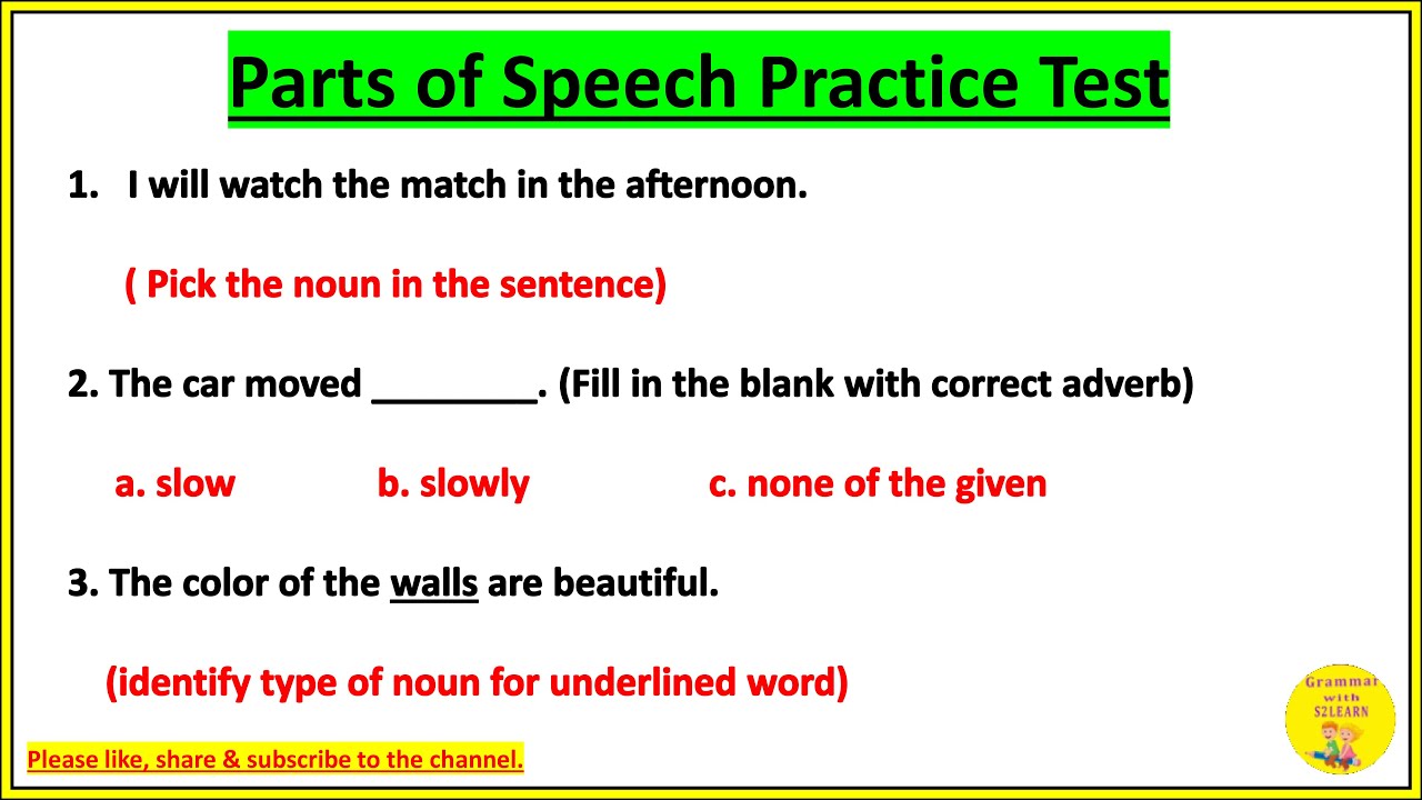 Parts of Speech Exercise| Parts of Speech Practice Test| Parts of Speech| S2LEARN
