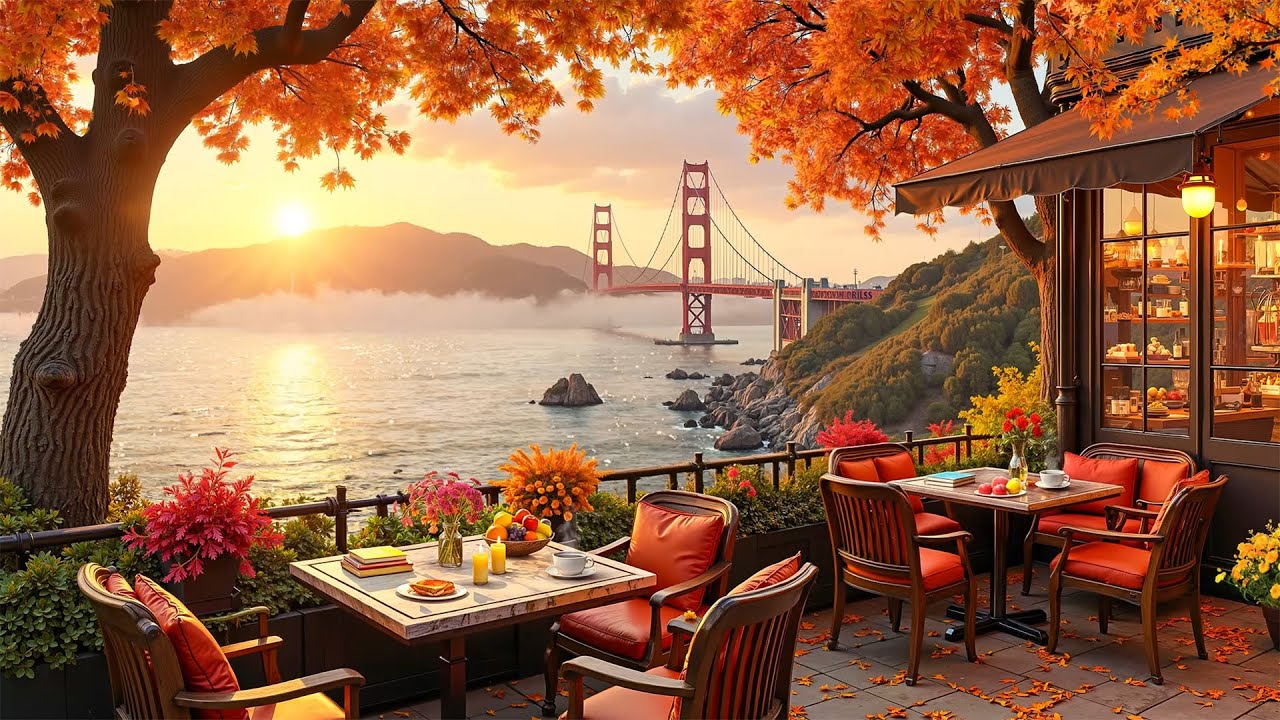 Relaxing Autumn Caf&eacute; near Golden Gate 🌇 Smooth Jazz & Cozy Sunset Mood