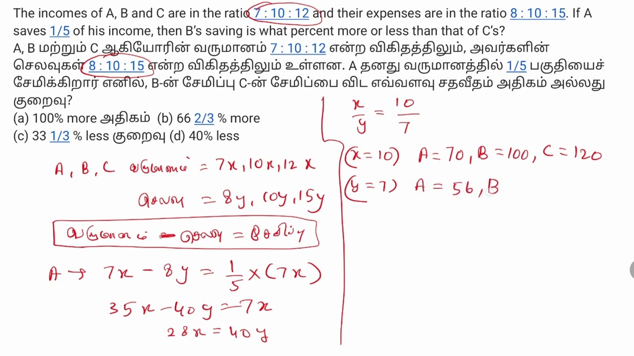 The incomes of A, B and C are in the ratio 7 : 10 : 12 and their expenses are in the ratio 8 :10 :15