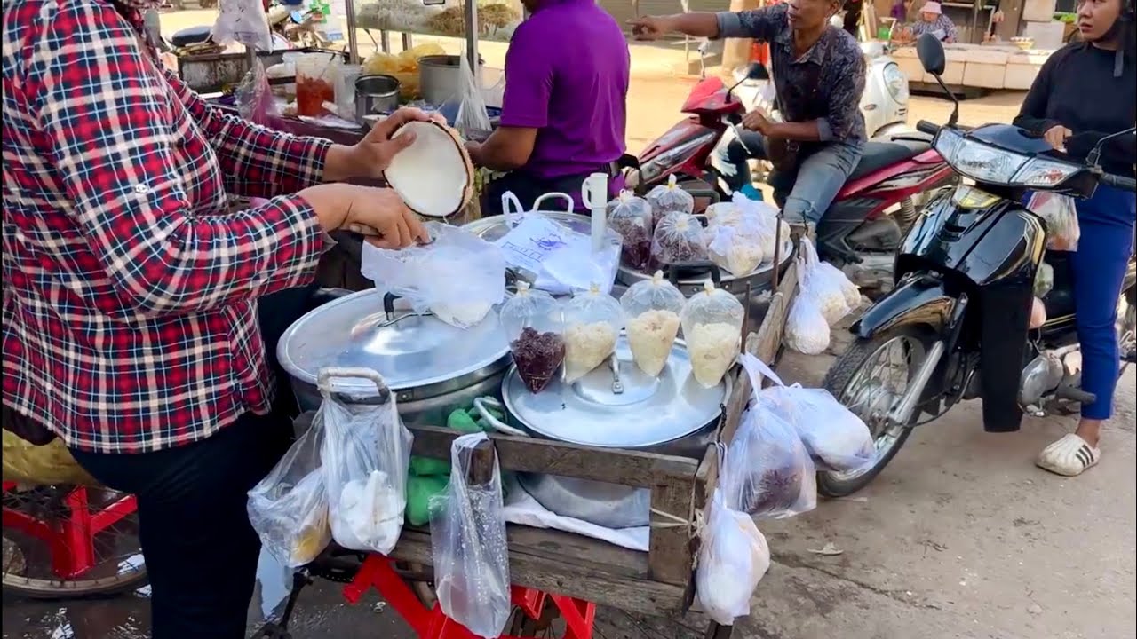 Routine Morning Market In Cambodia, One Bicycle Can Sell Many Kinds Of Food - Cambodian Street Food