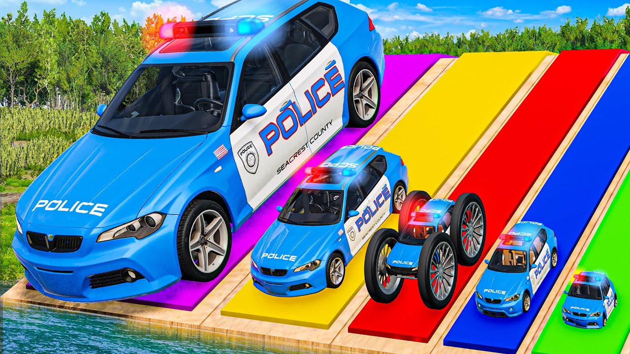 Big and Small Cars vs Slide Colors with Portal Trap – Cars vs Rails vs Trains Police –BeamNG.Drive