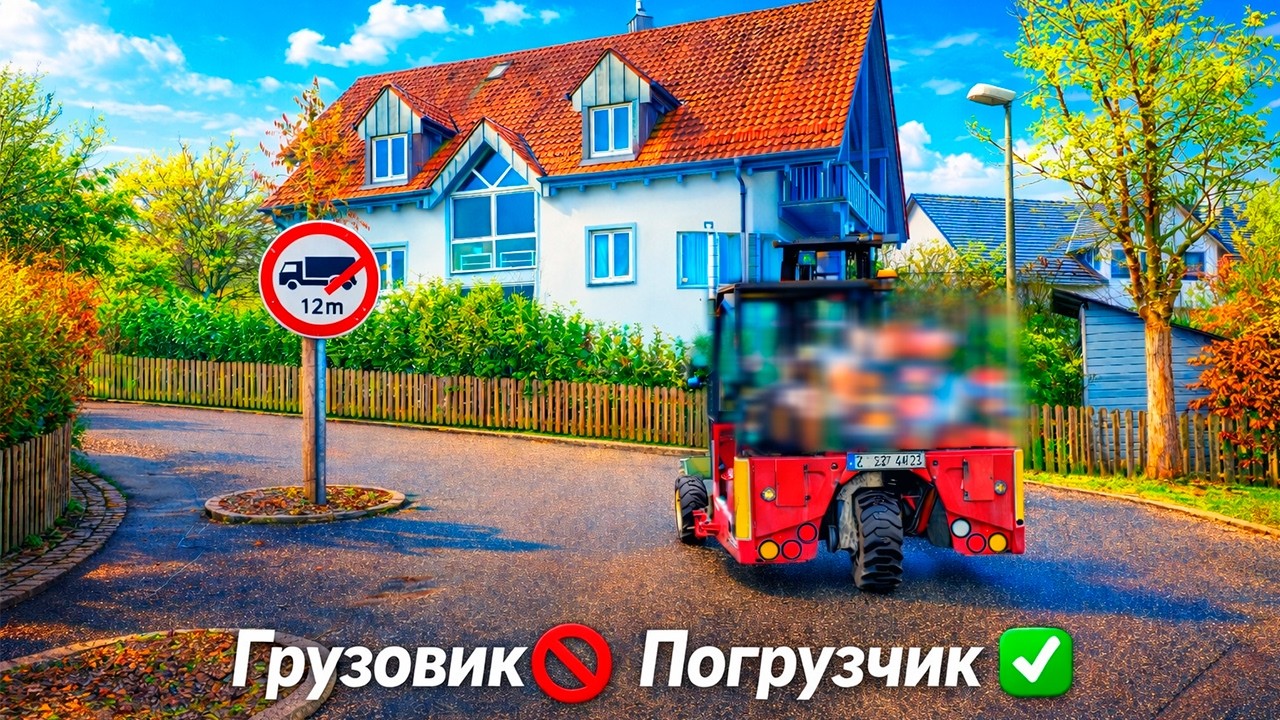 Где-то, деревня, центр.Развожу... Не смог проехать=погрузчик выручает.Дальнобой по немецким улочкам.
