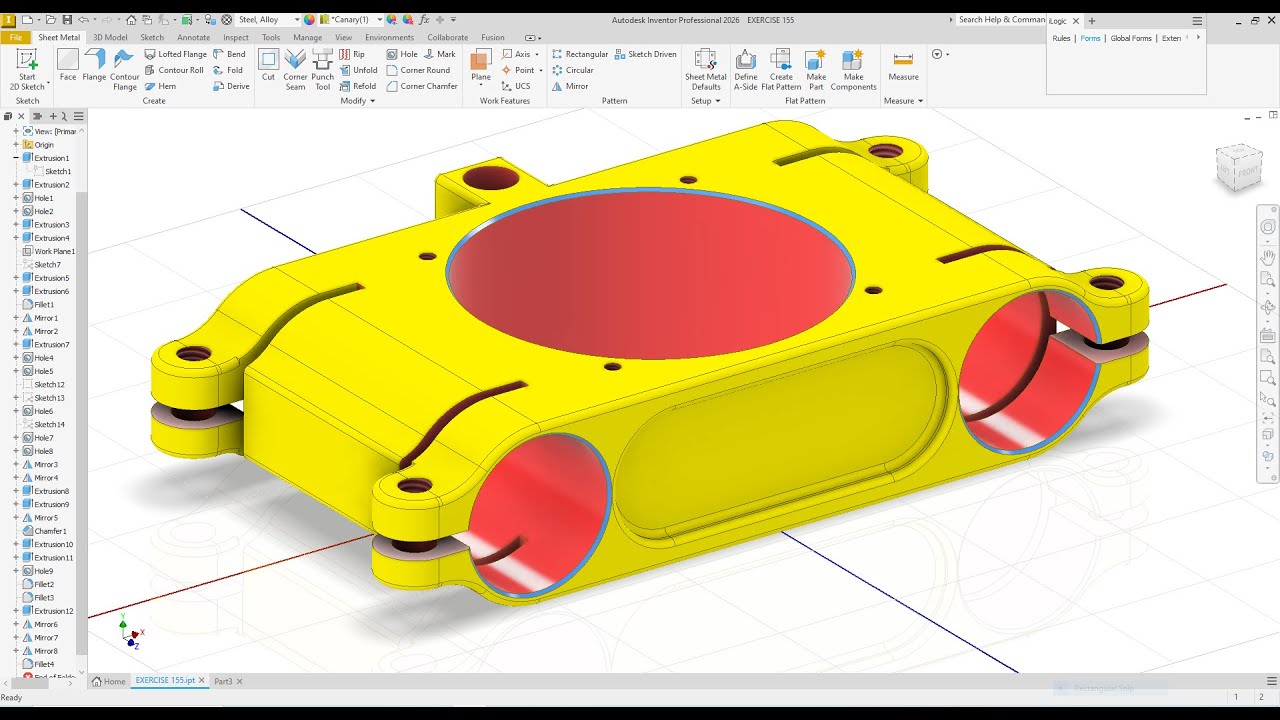 Упражнение 155 по созданию сложной модели каретки в Autodesk Inventor