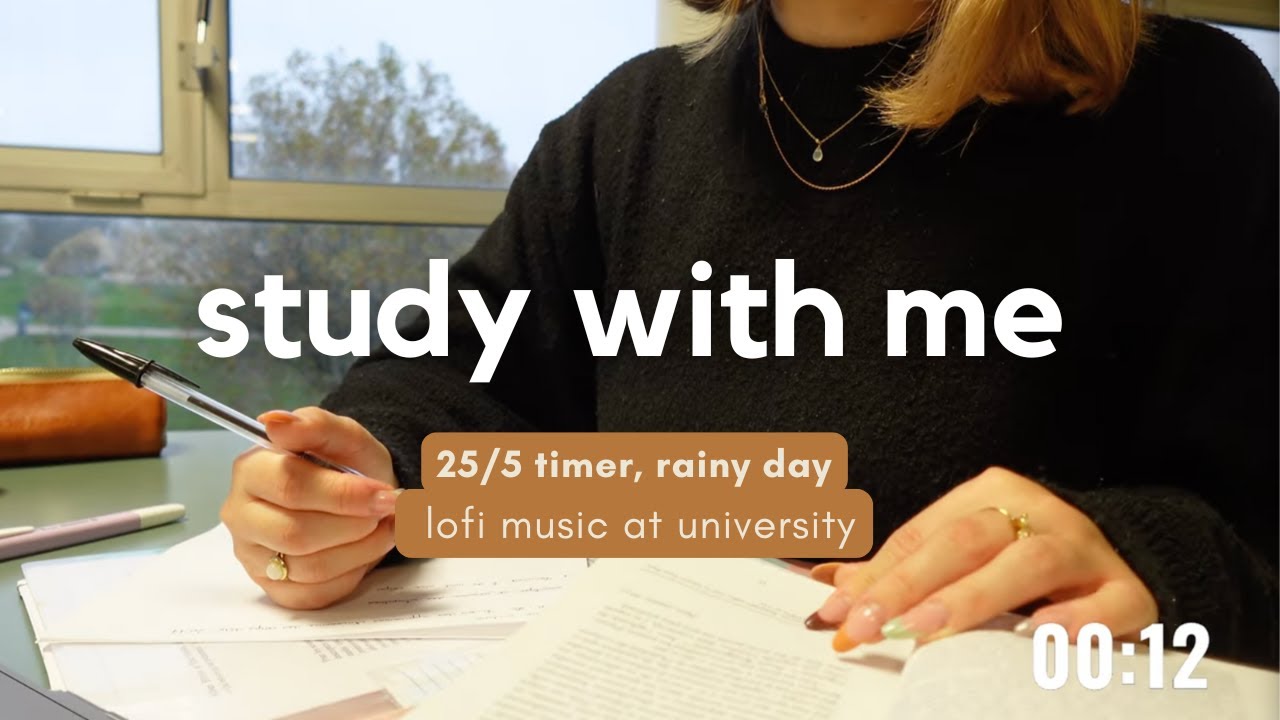 1H STUDY WITH ME at UNI en temps réel | rainy lofi, pomodoro 25/5