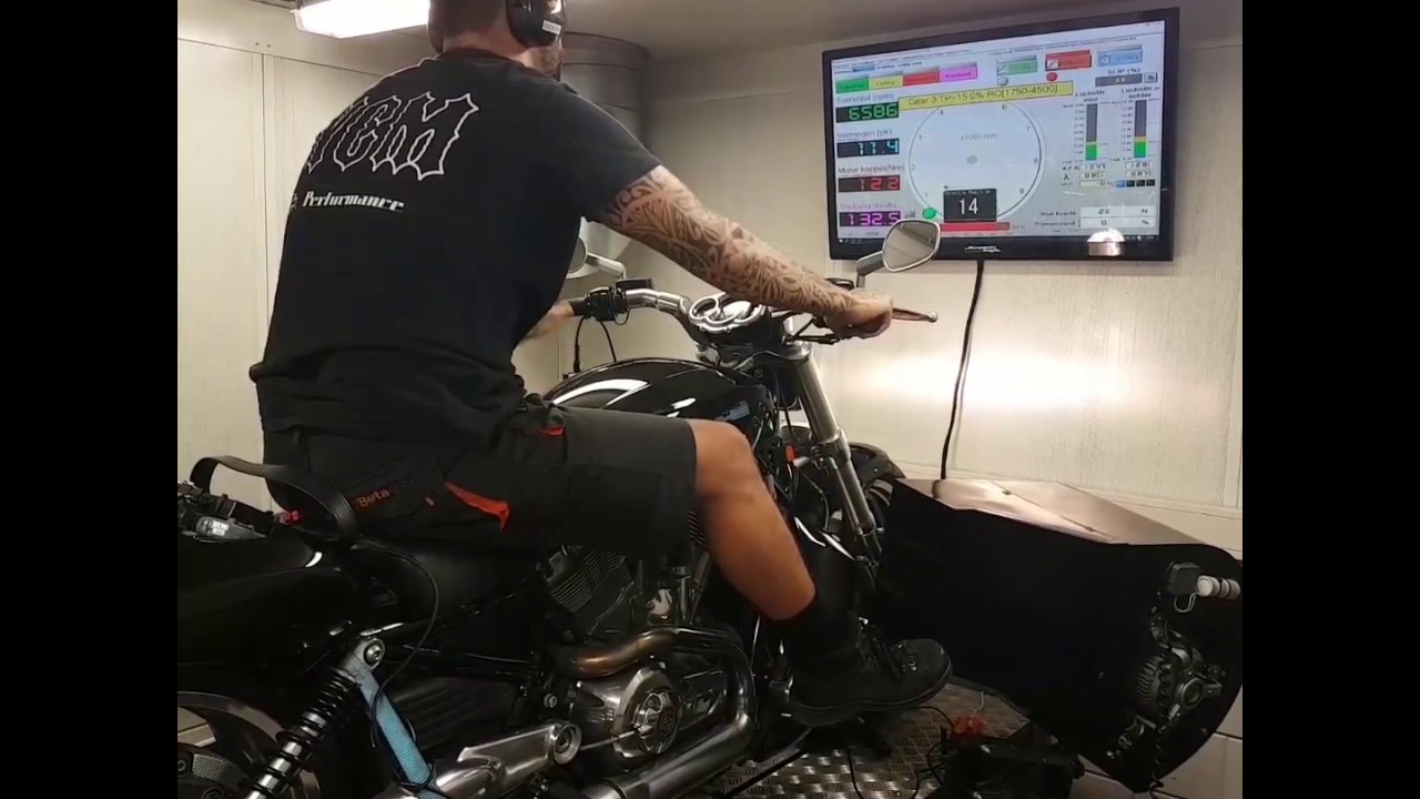 Harley Davidson V Rod Muscle fine tuning on the dyno station.