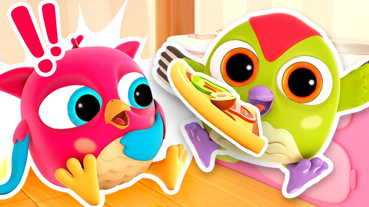 Hophop, a coruja, e Peckpeck, fazem uma pizza! Desenho animado infantil de passarinhos