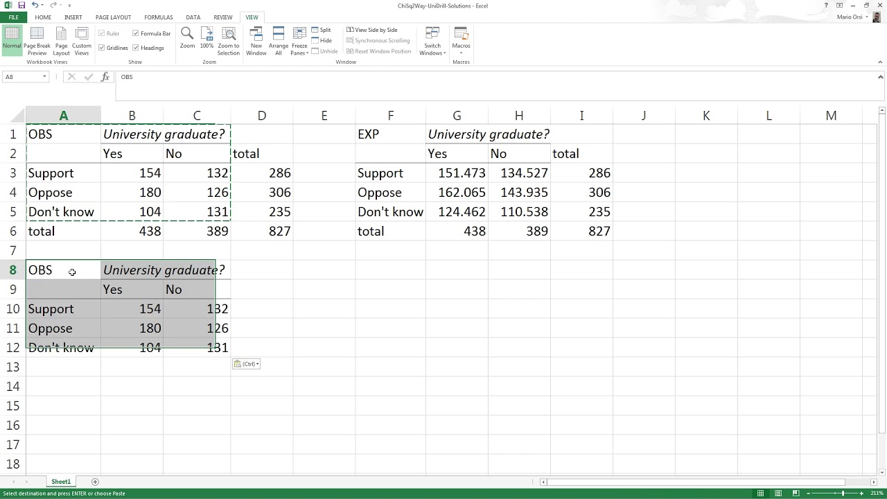 Chi-Square test on two-way table with Excel