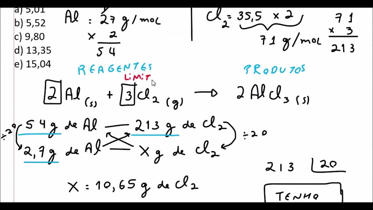 Montando uma equação química e calculando a massa de um produto usando reagente limitante e excesso.