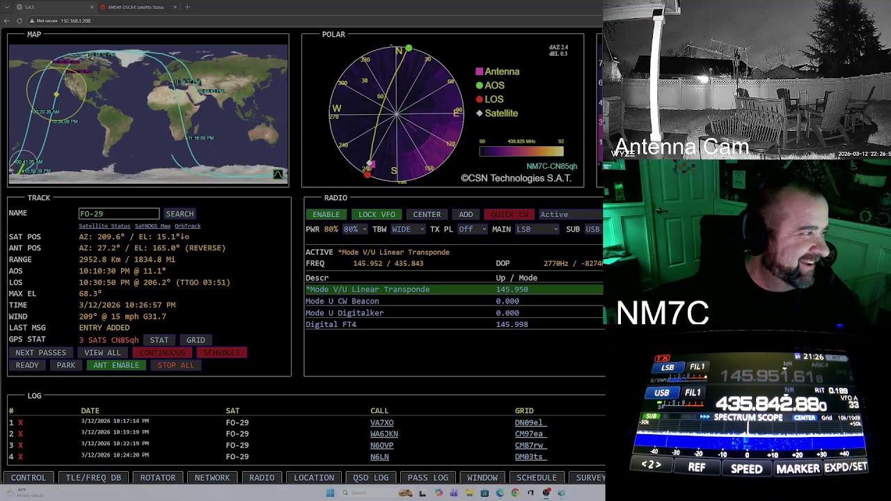 NM7C: LIVE STREAMING FO-29 Linear Amateur Radio Satellite Pass 12MAR2026