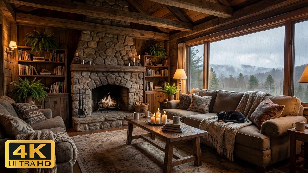 4K Cozy Cabin Rain with Fireplace Jazz, 4 Hours Relaxing Rain Sound for Focus & Sleep
