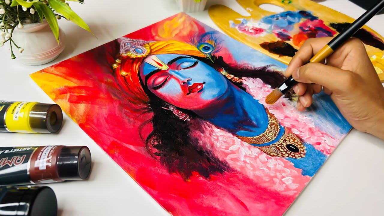Krishna Drawing, Beautiful Krishna Painting, How to draw Krishna, Acrylic Painting