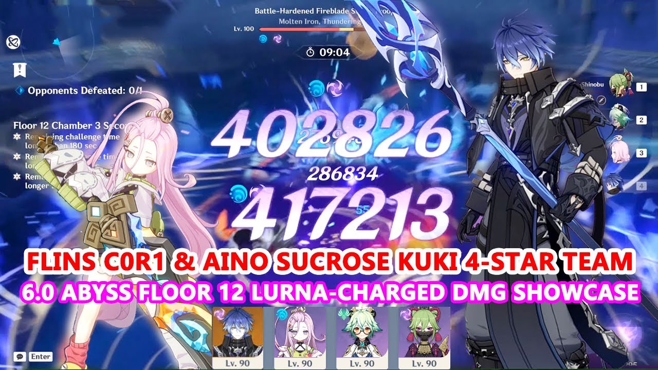 Flins C0R1 & Aino Sucrose Kuki 4-Star Team : 6.0 Abyss Floor 12 Lurna-Charged DMG Showcase