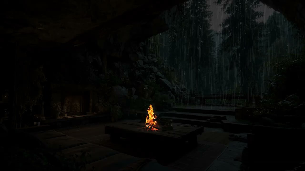 Long Midnight Downpour Over a Shadowed Wilderness for Deep Rest | Gentle Fire Nature Soundscape